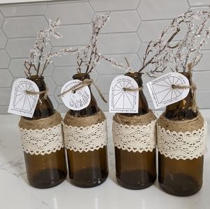 Handcrafted Amber Glass Bottle Vase with Lace and Twine Accent